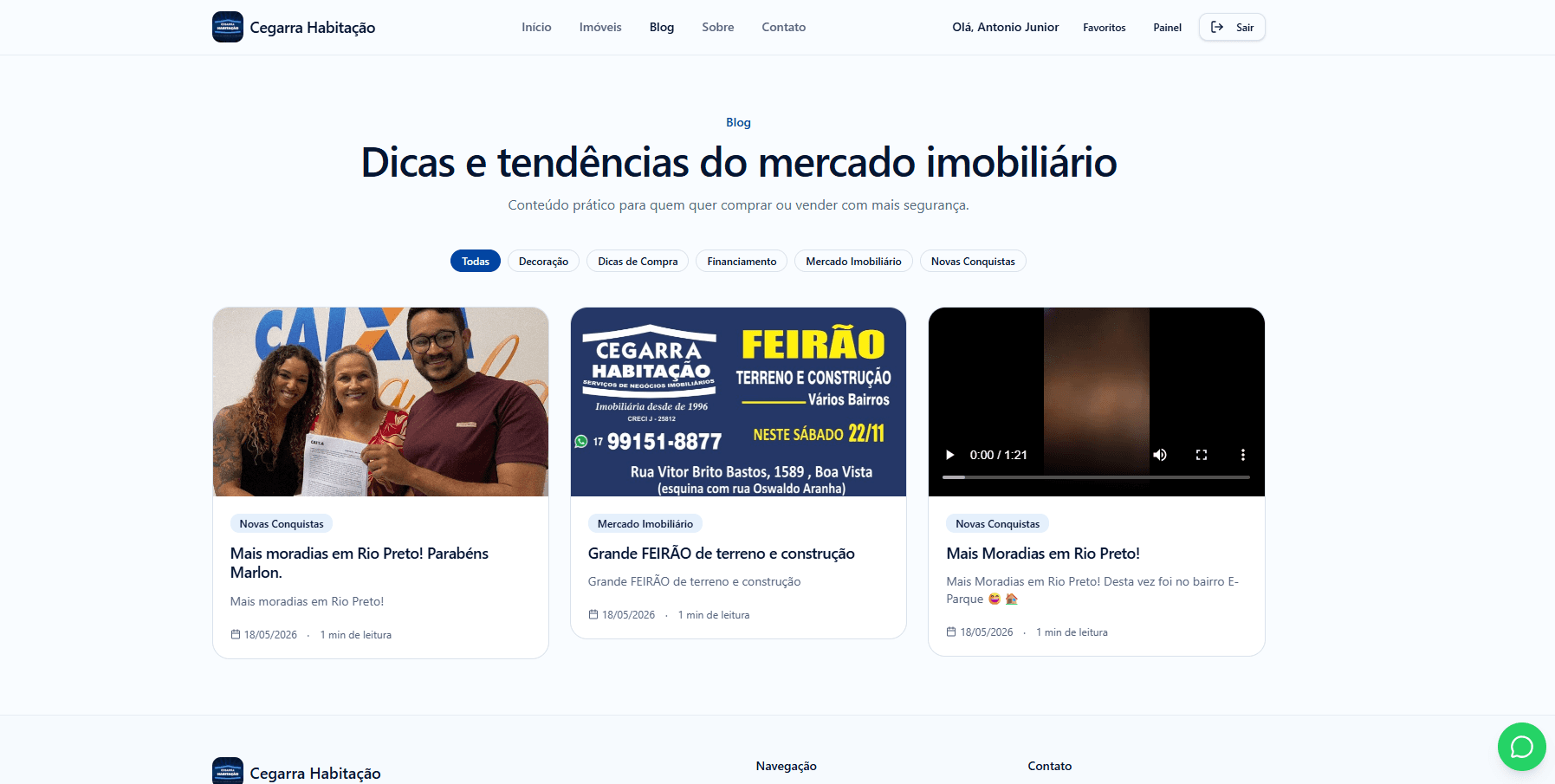 Página de blog com conteúdos sobre o mercado imobiliário.