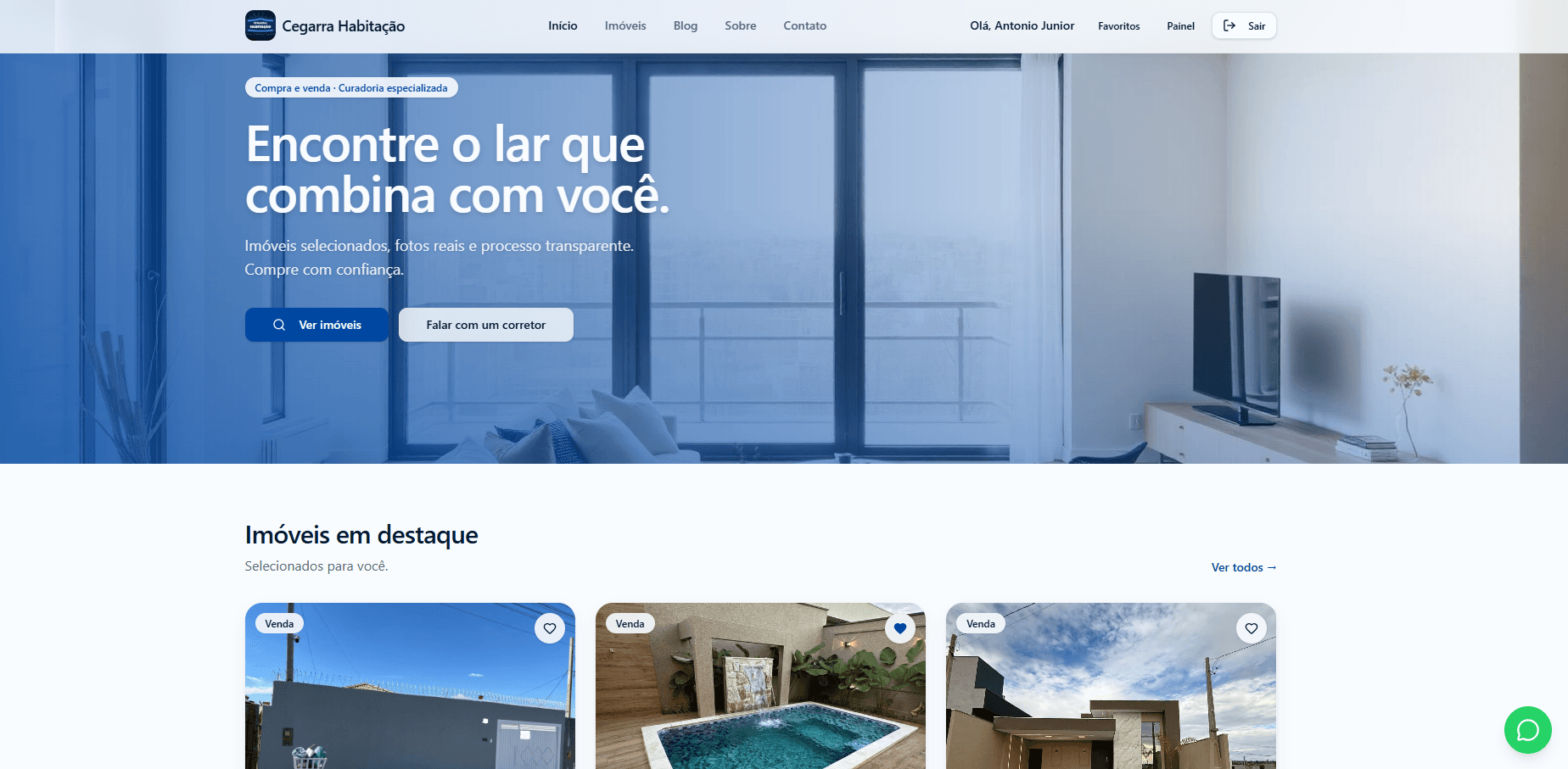 Página inicial do site da imobiliária.