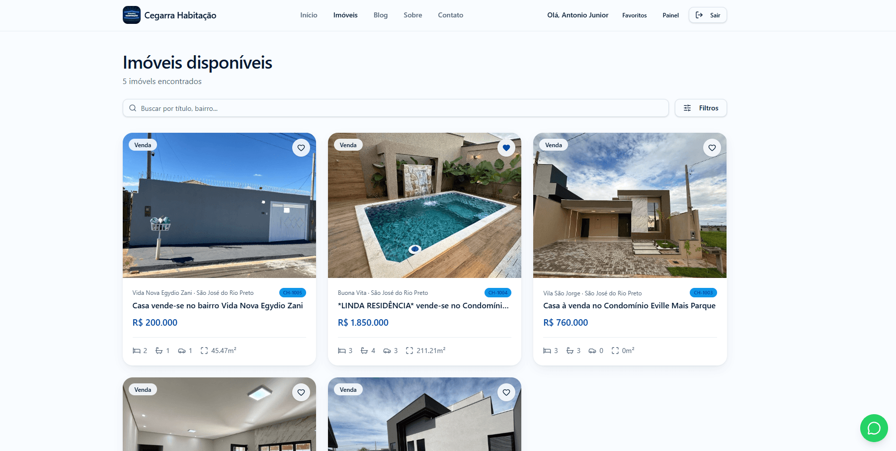 Página de listagem de imóveis disponíveis, com filtros de busca.