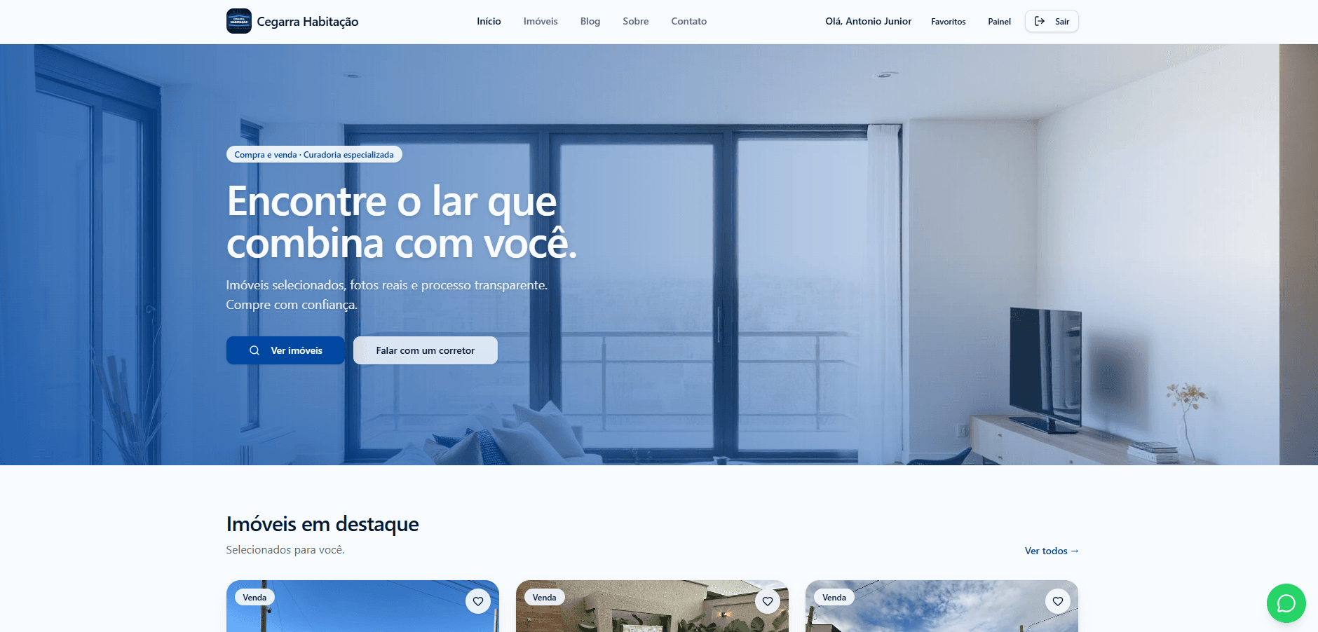 Página inicial do site da imobiliária.