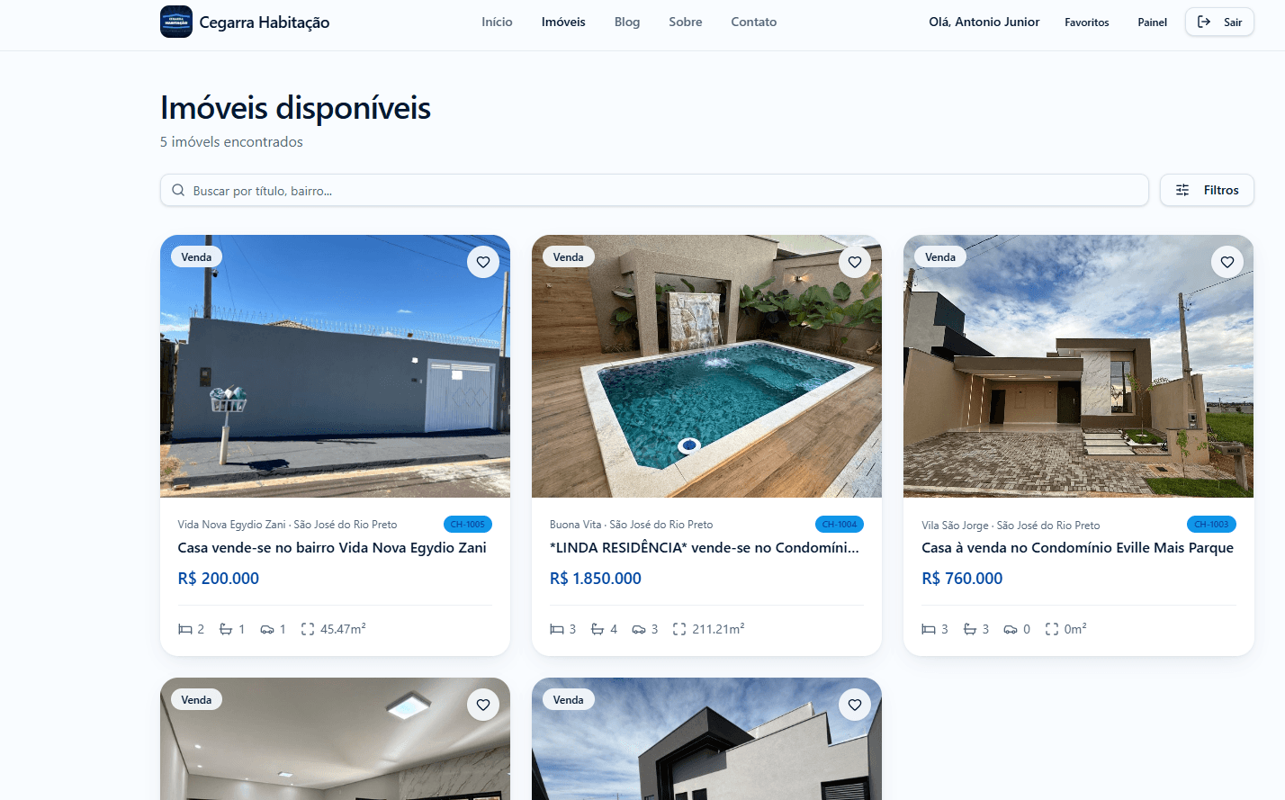 Tela de imóveis disponíveis no site.