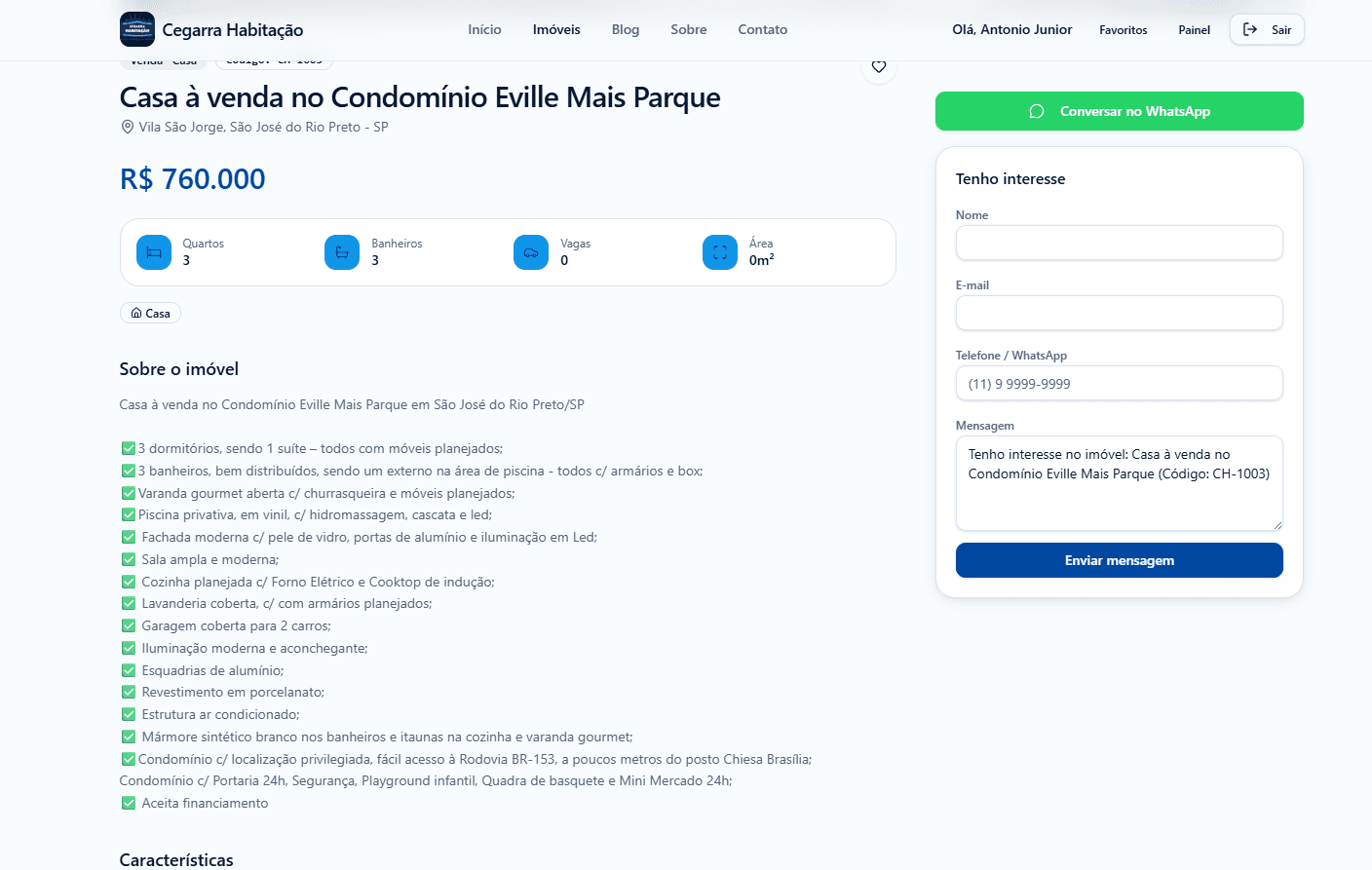 Tela com as características de um imóvel.