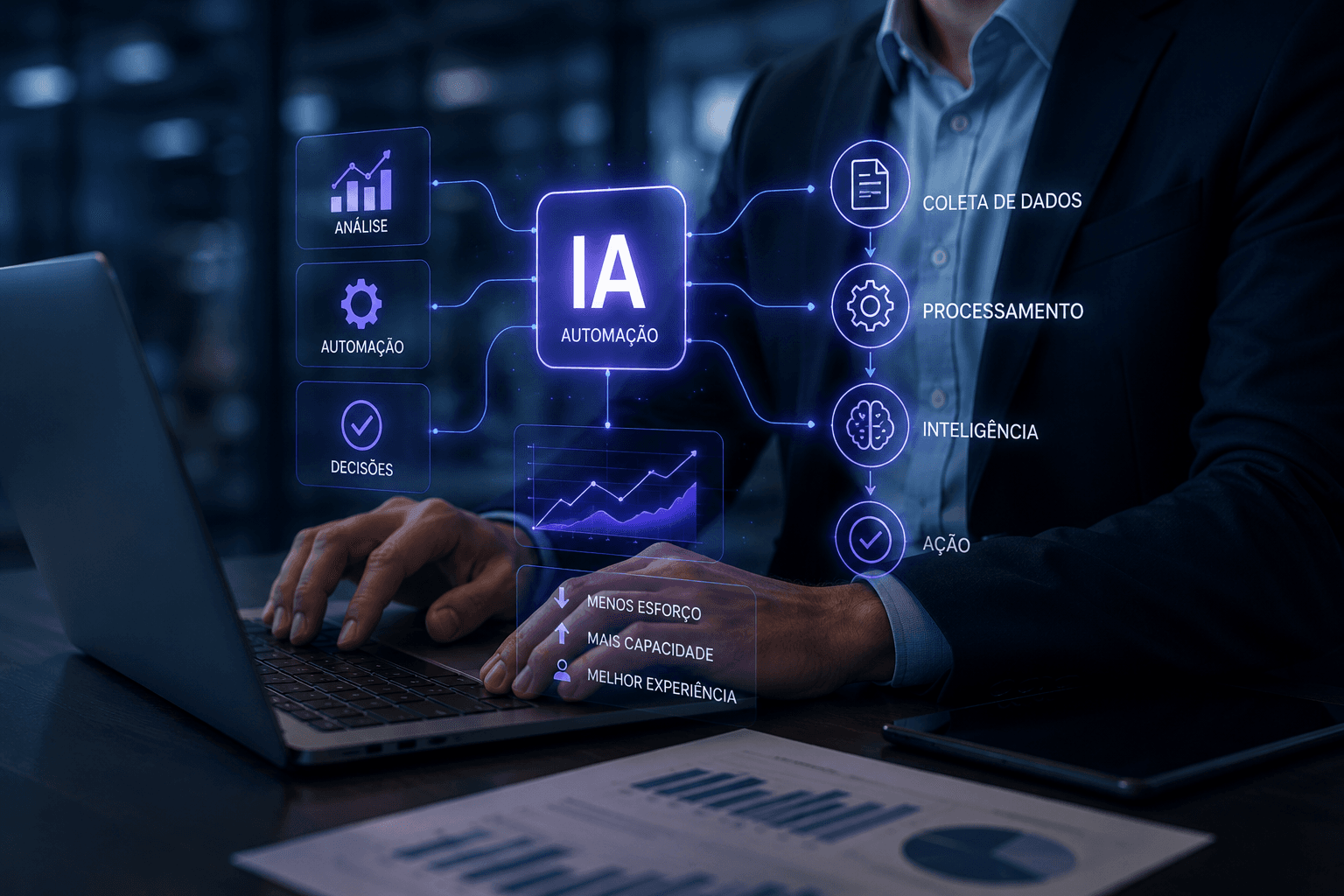 Automação inteligente no escritório, representando processos e fluxos apoiados por IA.