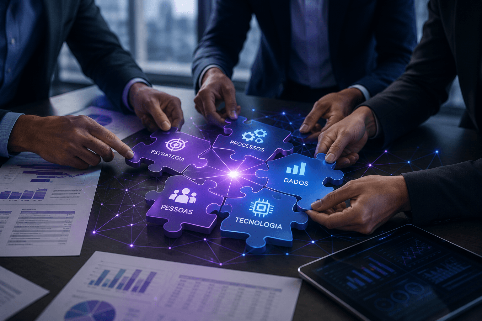 Colaboração estratégica em torno de um quebra-cabeça tecnológico, representando problemas que atravessam múltiplas áreas da empresa.