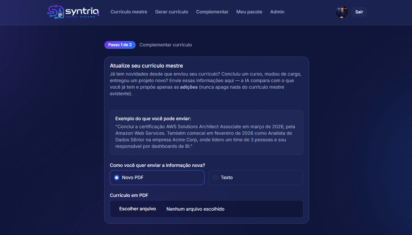 Exemplo de seção complementar de currículo gerada pela plataforma.