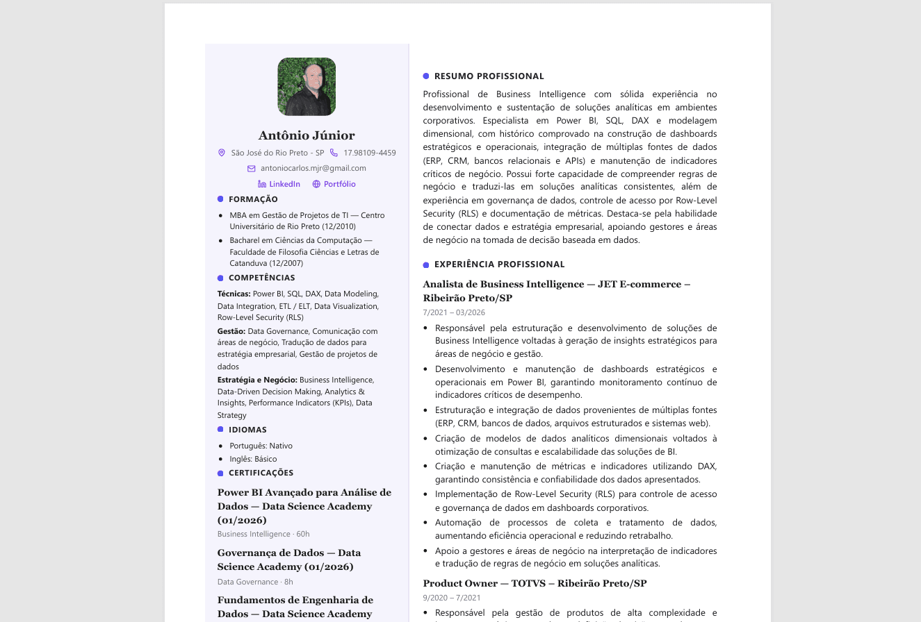 Exemplo de currículo em estilo executivo gerado pela plataforma.