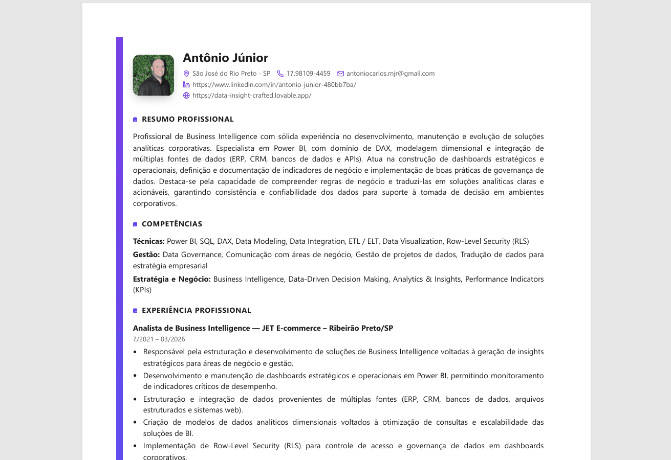 Exemplo de currículo em estilo moderno gerado pela plataforma.