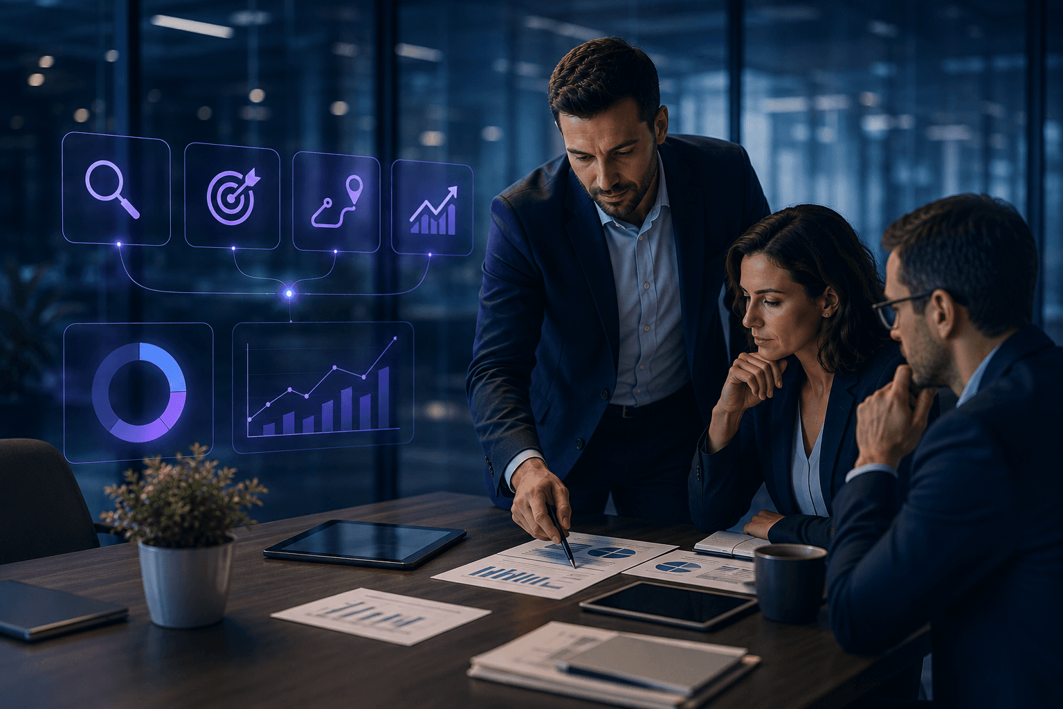 Reunião estratégica sobre transformação digital, representando a definição conjunta de prioridades e direção.