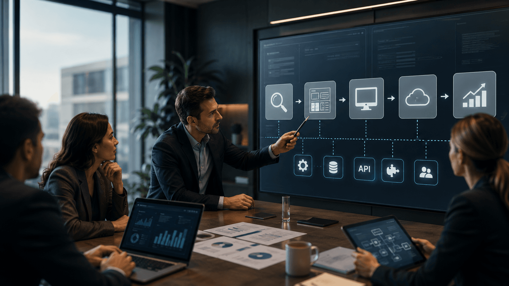 Reunião estratégica com diagrama tecnológico, representando o planejamento de soluções digitais.