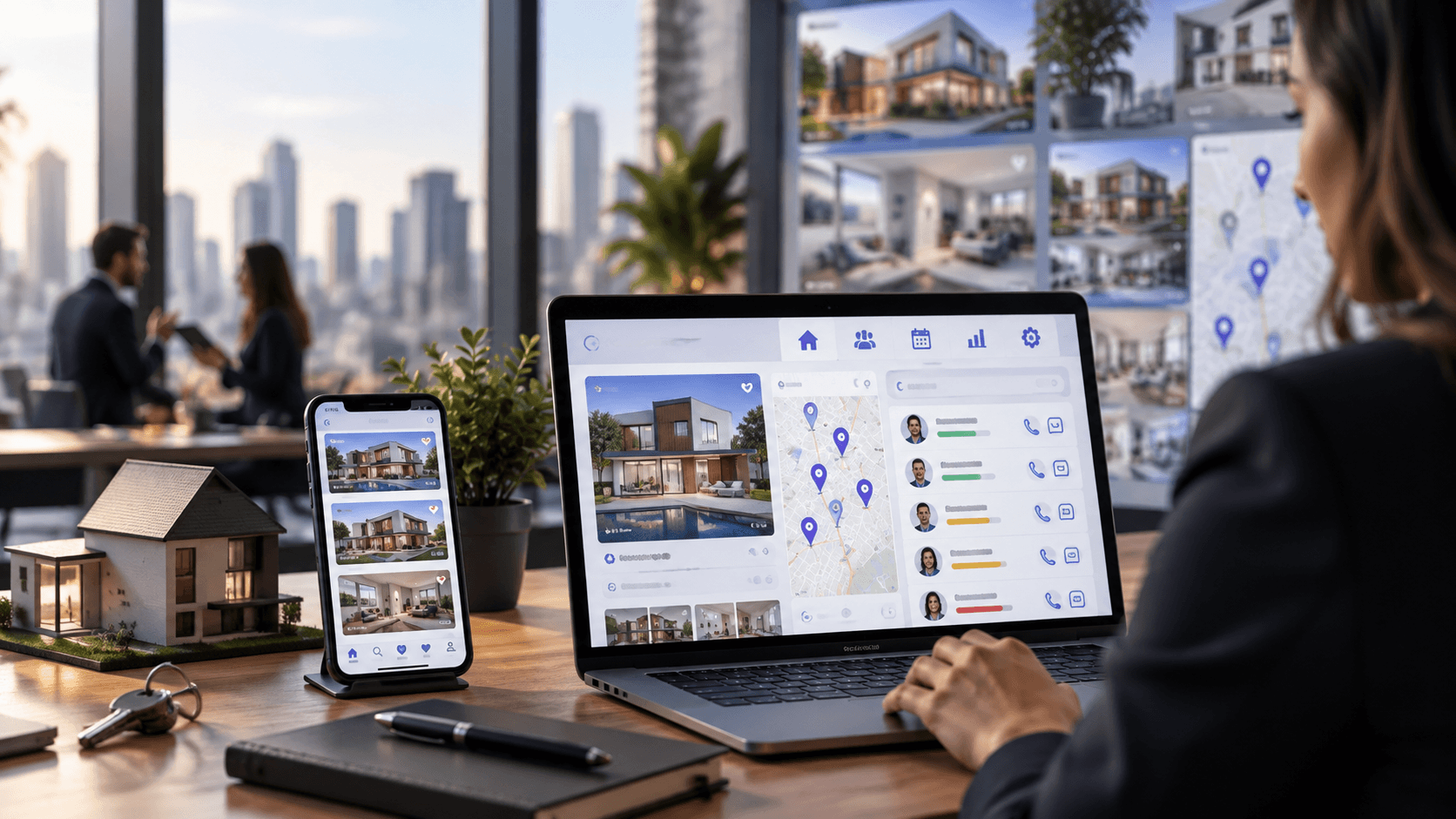 Composição visual representando presença digital e gestão de imóveis integrada a um CRM.